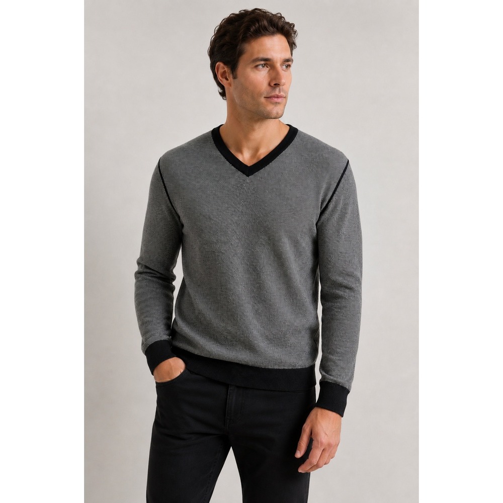 Egara Slim Fit V-Neck Sweater Mens Large Gray Black Cotton Cashmere Blend Knit